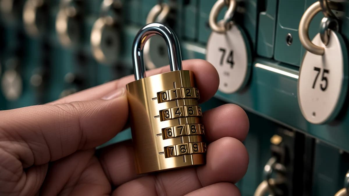 Gros plan sur un cadenas à combinaison en laiton aux molettes de chiffres tenu en main, des étiquettes de casier numérotées floues en arrière-plan.