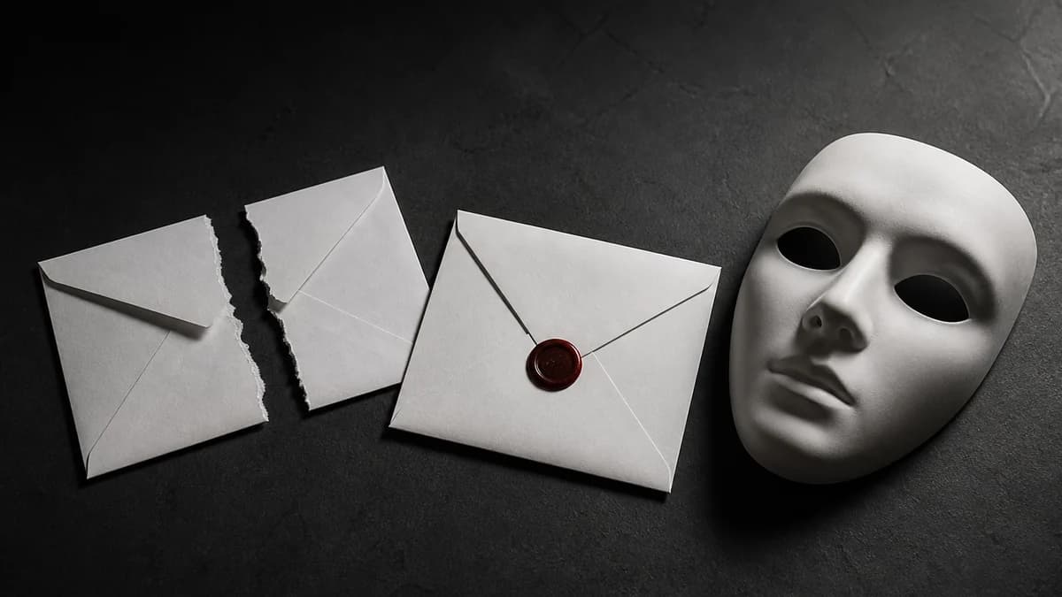 Ein aufgerissener Umschlag neben einem intakten versiegelten und einer schlichten Theatermaske im dramatischen Seitenlicht.