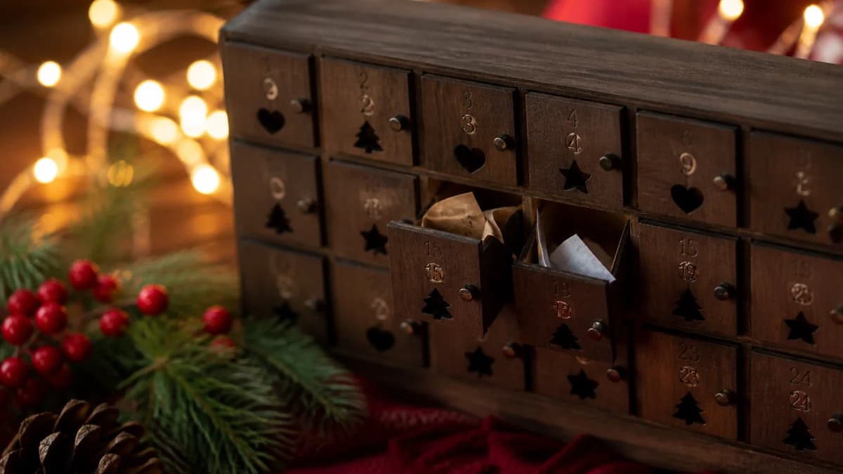 Un calendario dell'avvento in legno con due sportellini aperti che rivelano bigliettini, con lucine calde alle spalle.