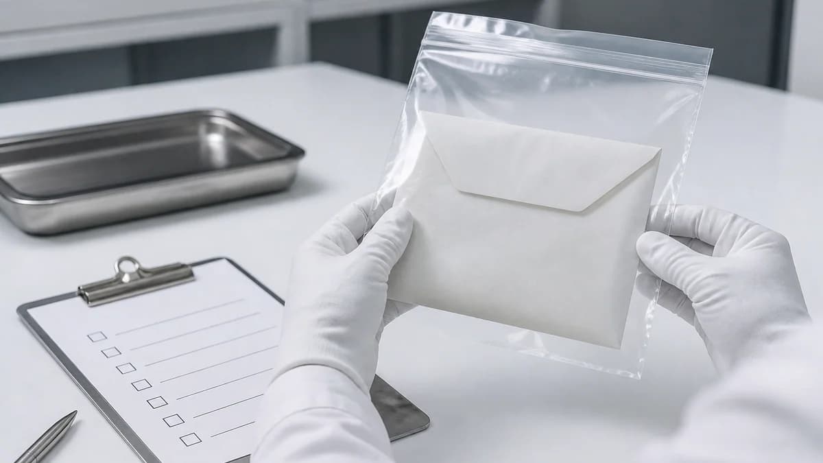 Guantes blancos y una bolsa de pruebas sellada con un sobre, junto a una lista de verificación en portapapeles, con luz de laboratorio.