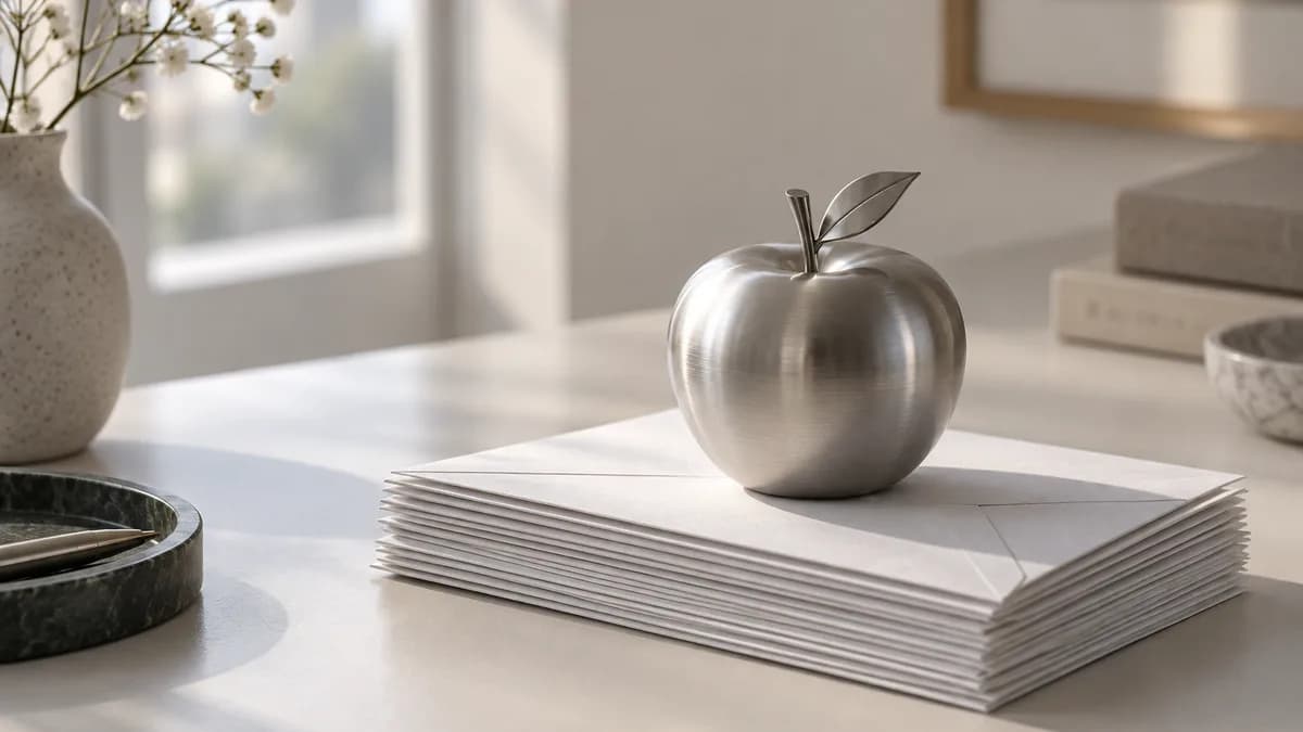 A single polished apple on a light desk beside a smartphone and a small ring of labelled brass keys.