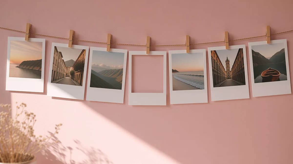 Polaroid-artige Abzüge, auf Schnur aufgereiht mit einem leeren Rahmen dazwischen, an einer Pastellwand.