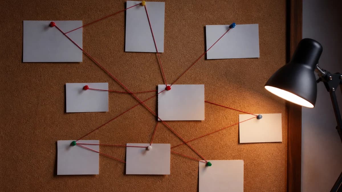 Un panneau de liège couvert de fiches vierges reliées par du fil rouge formant une toile d'enquête.