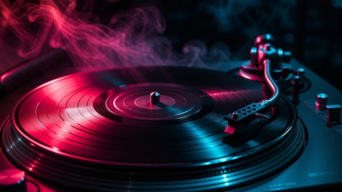 Un disco de vinilo girando con reflejos de gel rosa y cian y volutas de humo en el haz de luz.