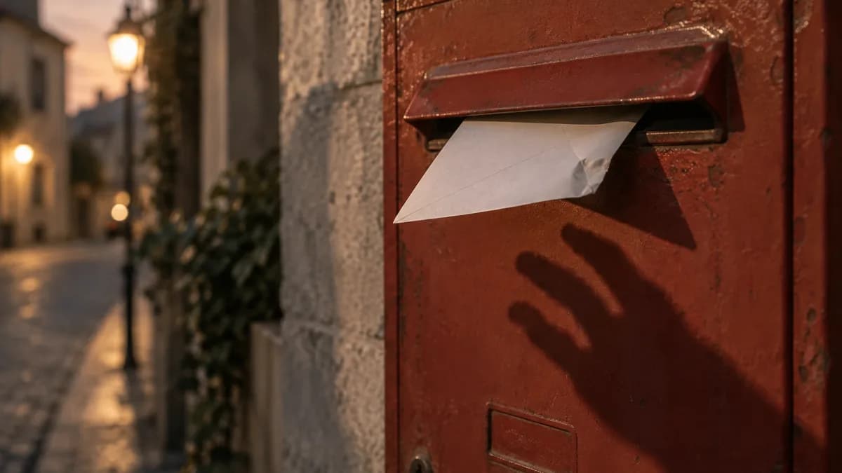 A red wall-mounted mailbox standing empty with its door slightly open, photographed in soft evening light.