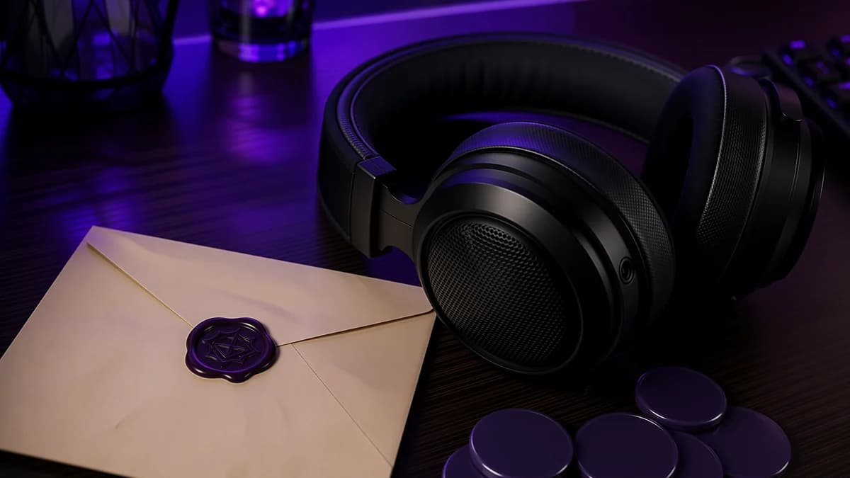 Cuffie da gaming e una lettera con sigillo di ceralacca viola sotto una luce viola atmosferica.