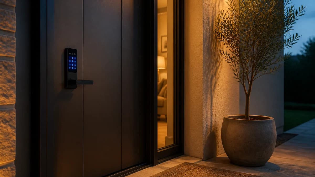 Una puerta moderna con un teclado de cerradura inteligente iluminado, felpudo tejido y un olivo al atardecer.