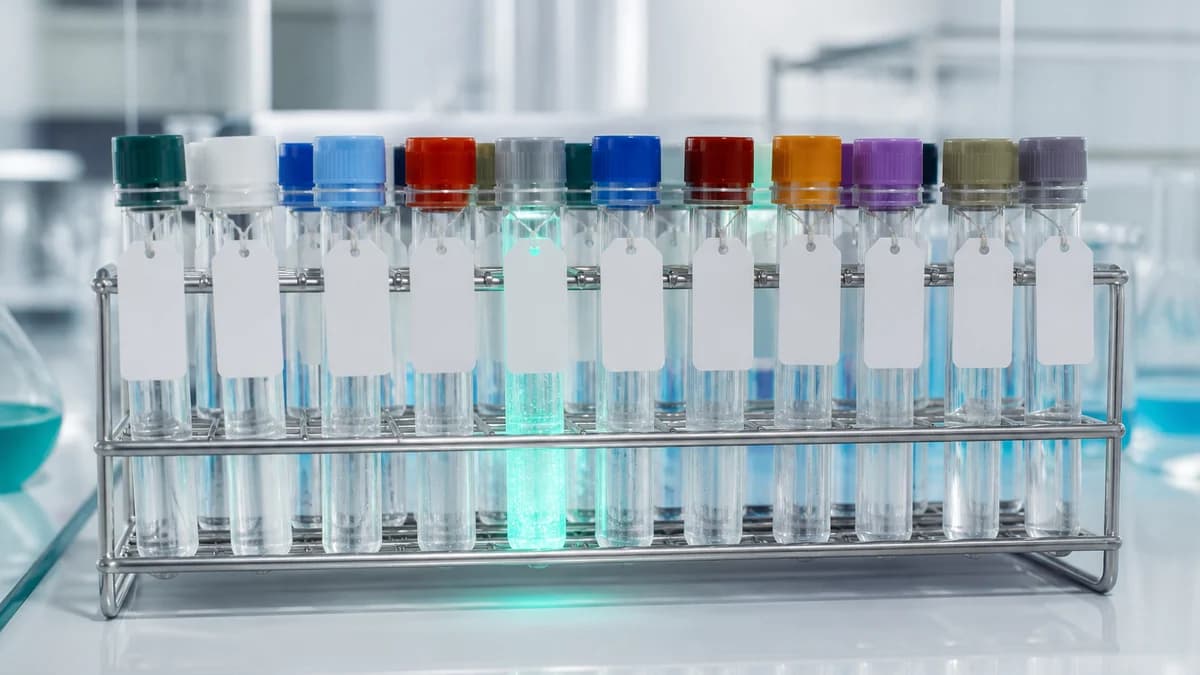 Ein Laborständer mit verschlossenen Glasfläschchen, farbigen Deckeln und leeren Etiketten, eines leuchtet türkis.