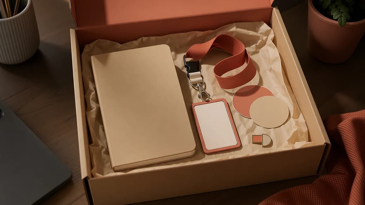 Eine geöffnete Willkommensbox mit Seidenpapier, Notizbuch, Lanyard-Badge, Stickern und einer Anstecknadel.