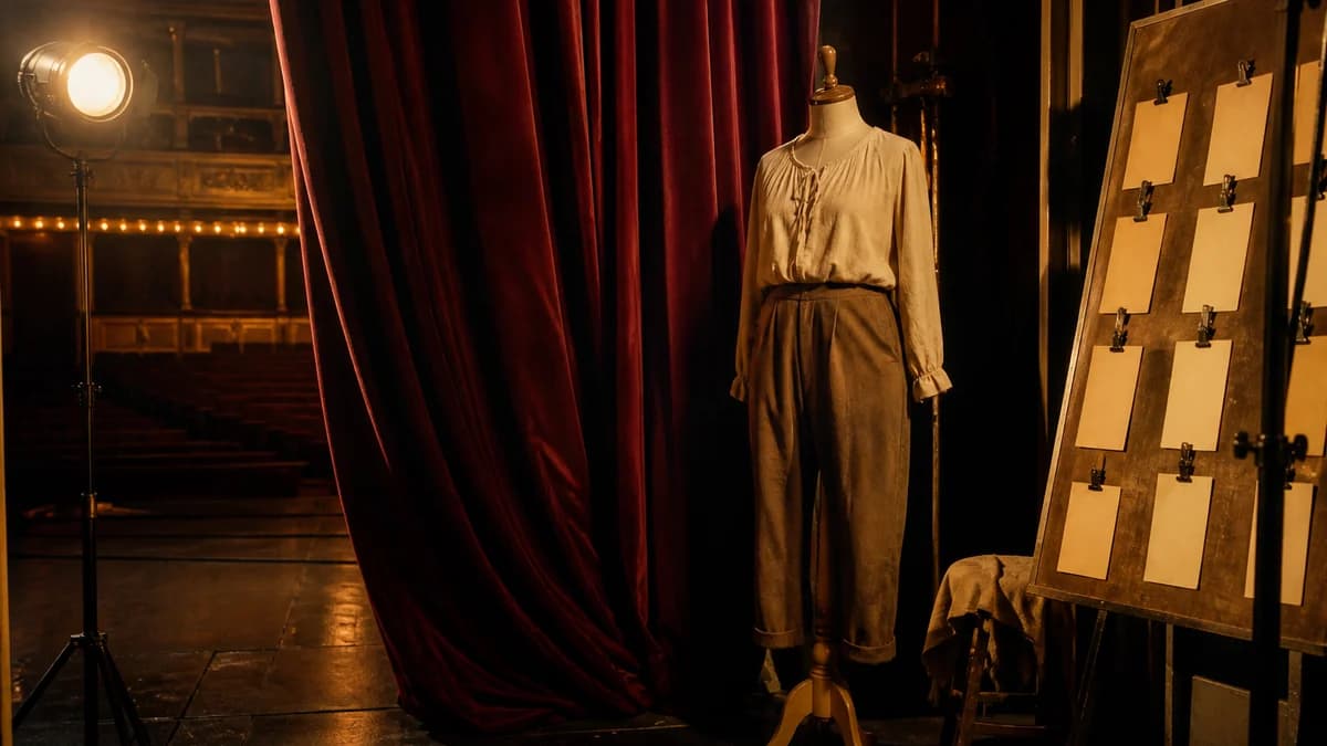 Un escenario teatral en pleno ensayo: cortina de terciopelo entreabierta, maniquí y tabla de cues bajo luces de trabajo.