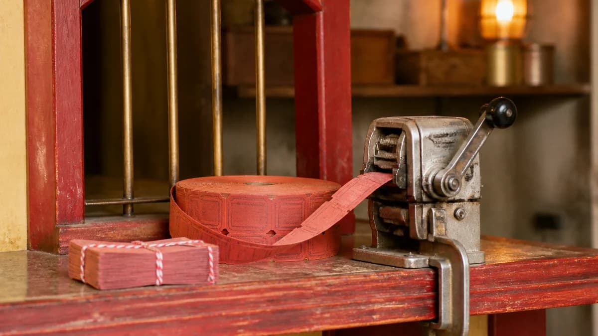Eine vintage Ticketkabine mit Loseband, Nummernmaschine und gebündelten Tickets.