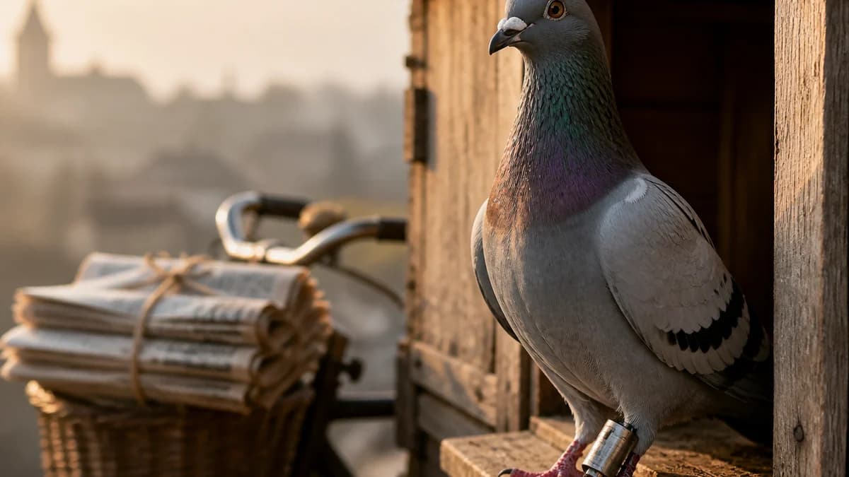 A carrier pigeon with a message capsule on a loft, newspapers in a bike basket behind.
