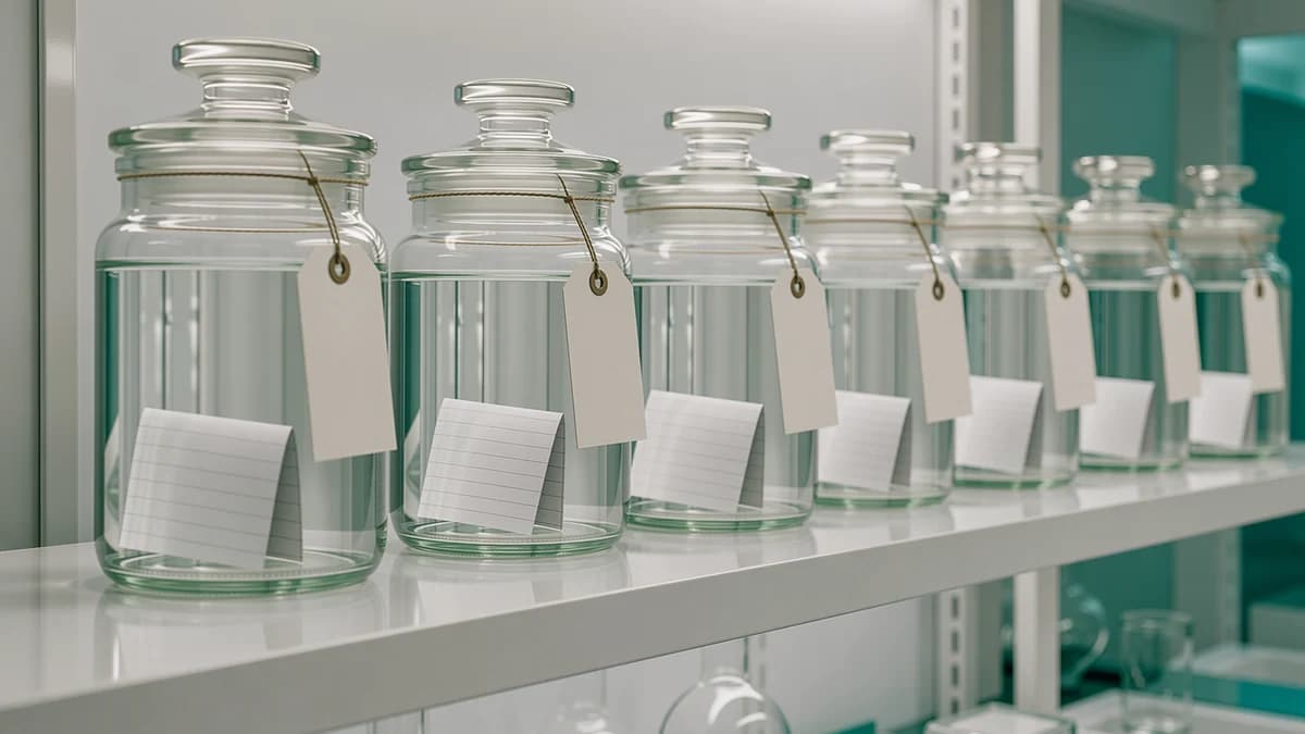 Ein Regal mit verschlossenen Glasbehältern mit Proben, jeder mit einer gefalteten Notiz darin, im Labor hinterleuchtet.