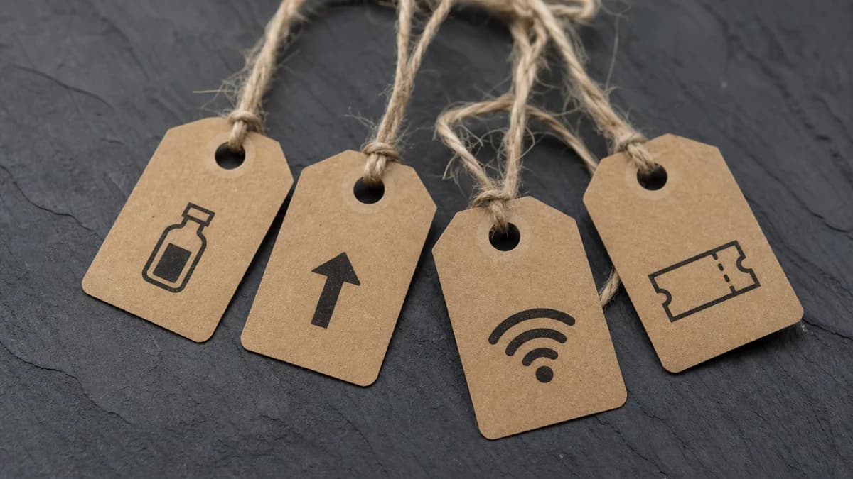 Un éventail d’étiquettes de bagage en kraft, chacune avec une icône différente pour un cas d’usage de l’e-mail jetable : essai, téléchargement, chat, wifi, billet.