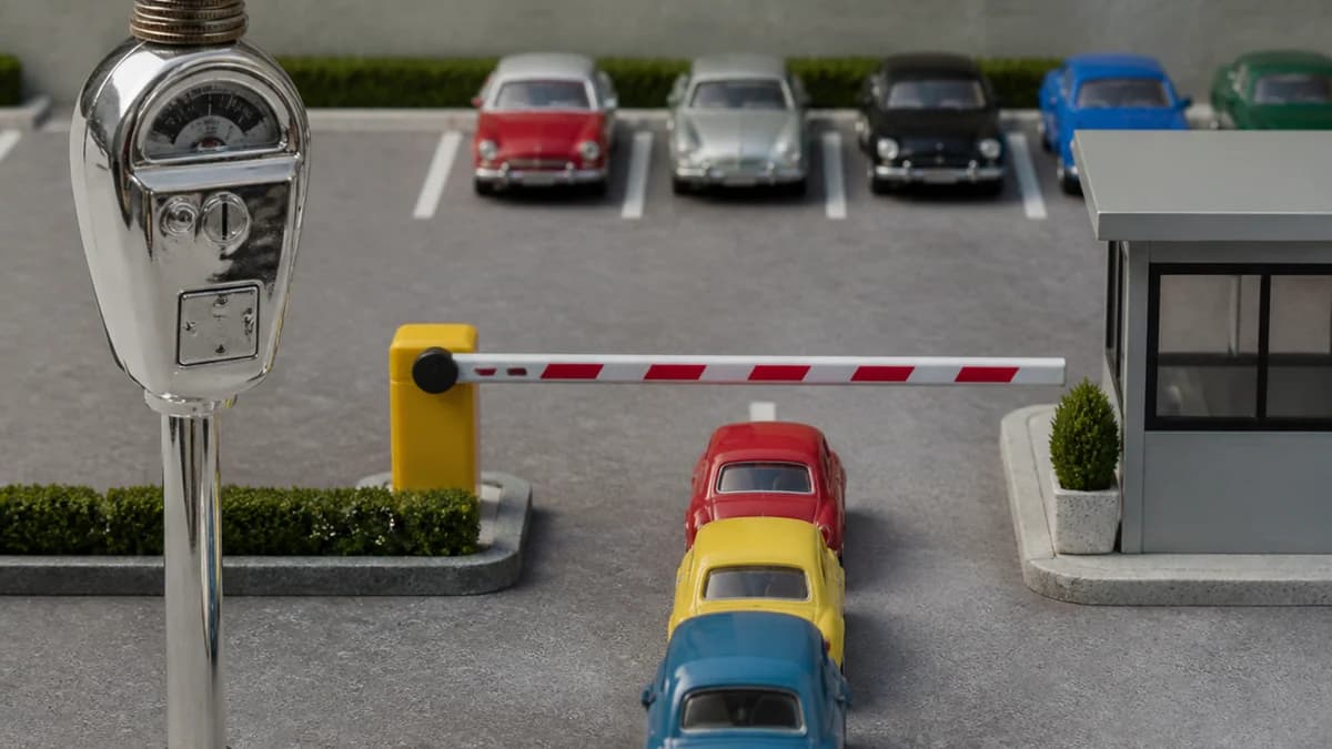 A striped parking barrier with a queue of toy cars and a chrome meter with coins.