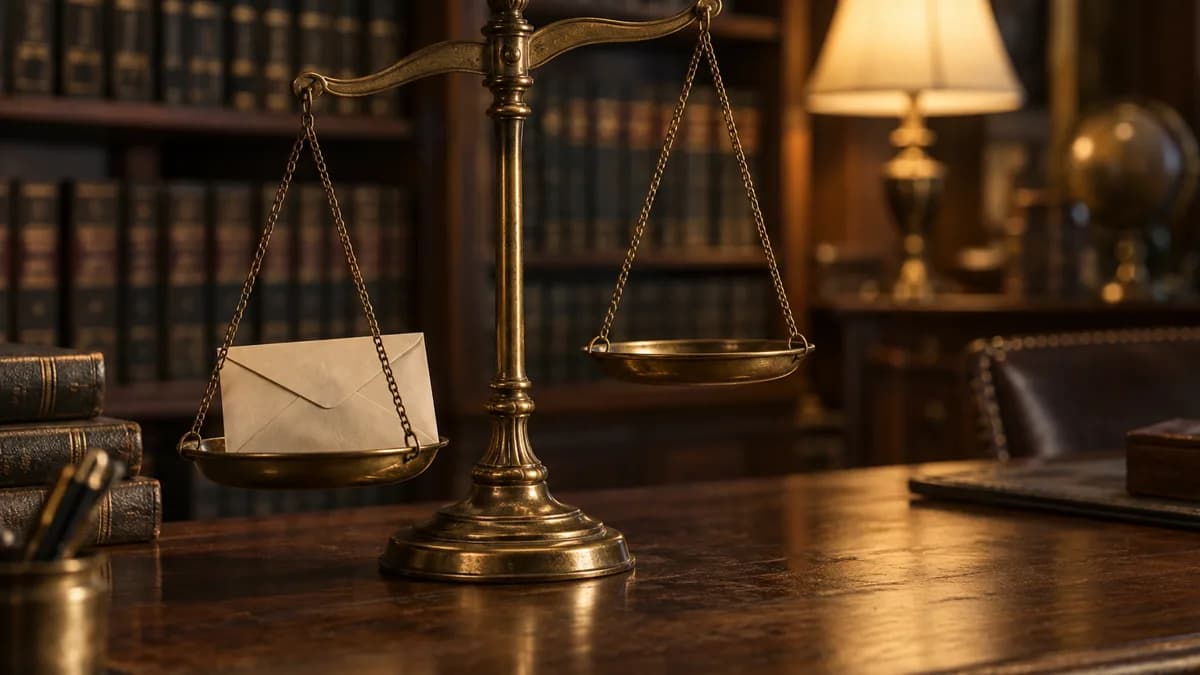 Una bilancia in ottone sulla scrivania di un avvocato con uno smartphone che mostra una casella email anonima accanto.