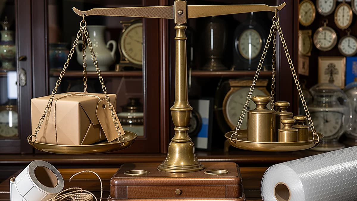 A vintage brass balance scale weighing a small parcel against weights, price stickers and bubble wrap.