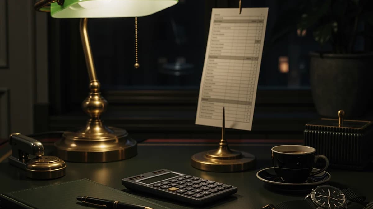 A banker lamp over an invoice spike, calculator, watch and espresso on an evening desk.
