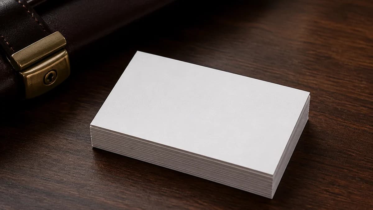 Una pila de tarjetas de visita con la tarjeta superior boca abajo sobre madera de nogal oscura.