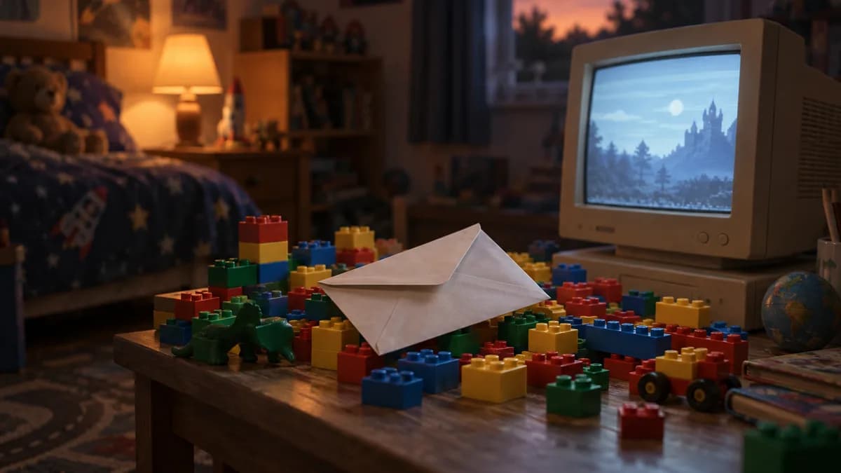 Photorealistic close-up of colorful plastic building blocks scattered around a smartphone showing an open email inbox, on a bright playroom desk.