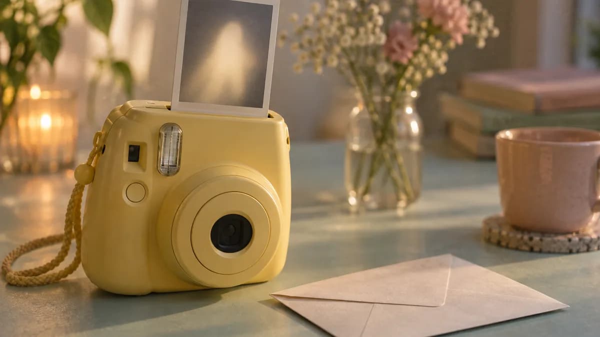 Foto fotorealistica di uno smartphone che brilla su un comodino accanto a una semplice busta sigillata, con un'app fotocamera aperta sullo schermo.