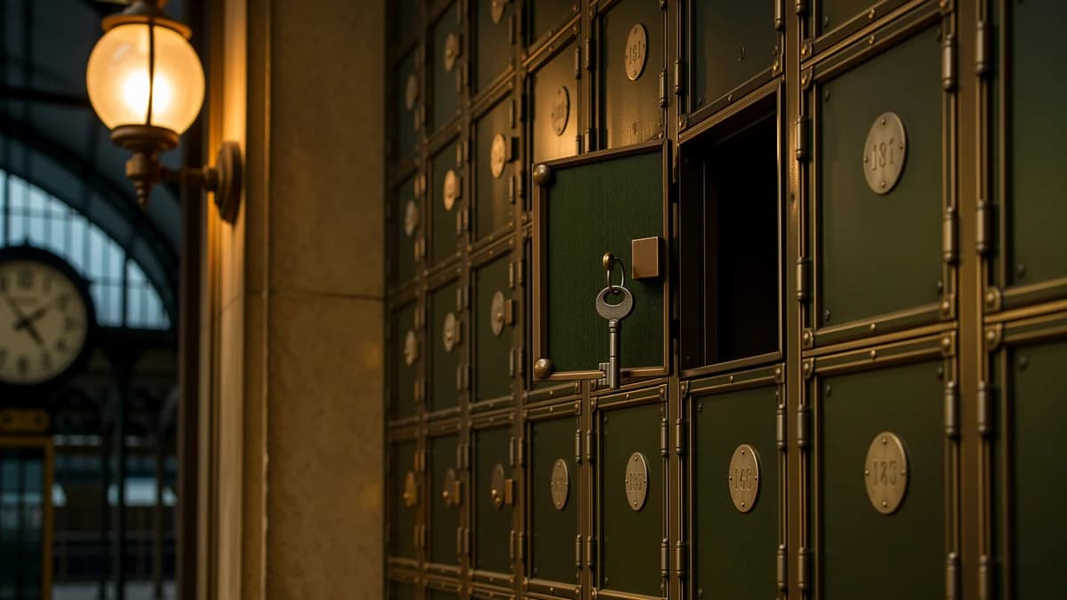 A vintage train-station wall of numbered brass lockers with one door open and a key hanging.
