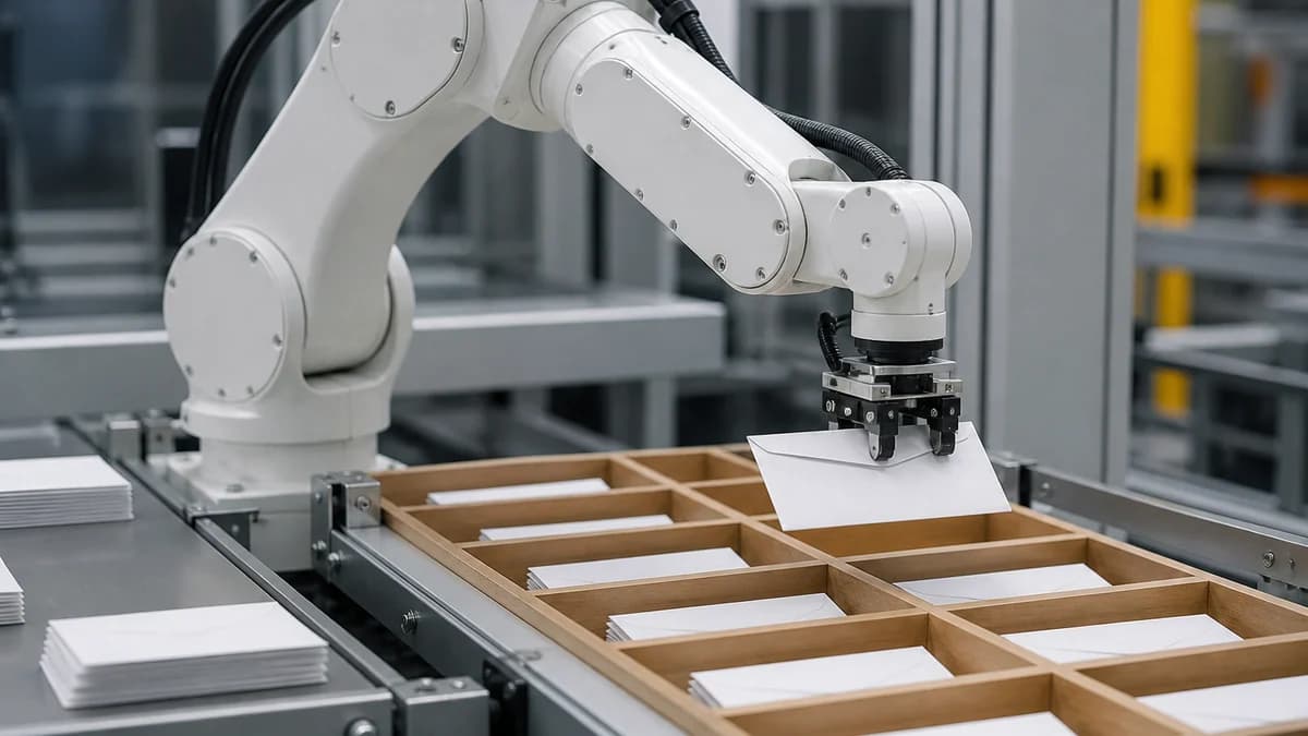 Ein weißer Roboterarm sortiert Papierumschläge in hölzerne Fächer einer Miniatur-Produktionslinie.