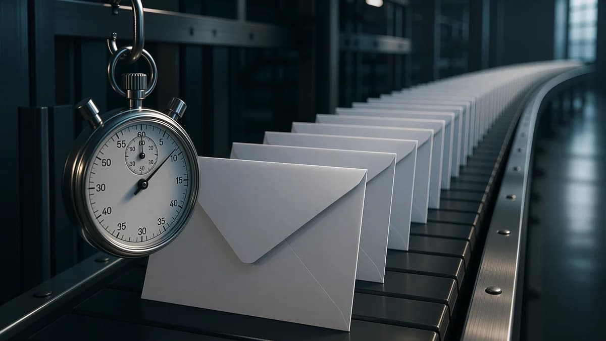 Une file d’enveloppes identiques sur un tapis roulant lent, avec un chronomètre chromé au premier plan.