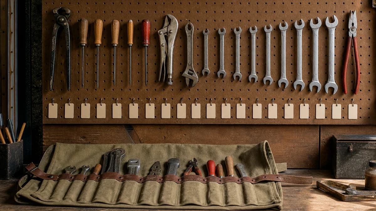 Ein Werkstatt-Pegboard mit Werkzeugen in nummerierter Workflow-Reihenfolge und einer geöffneten Werkzeugrolle.
