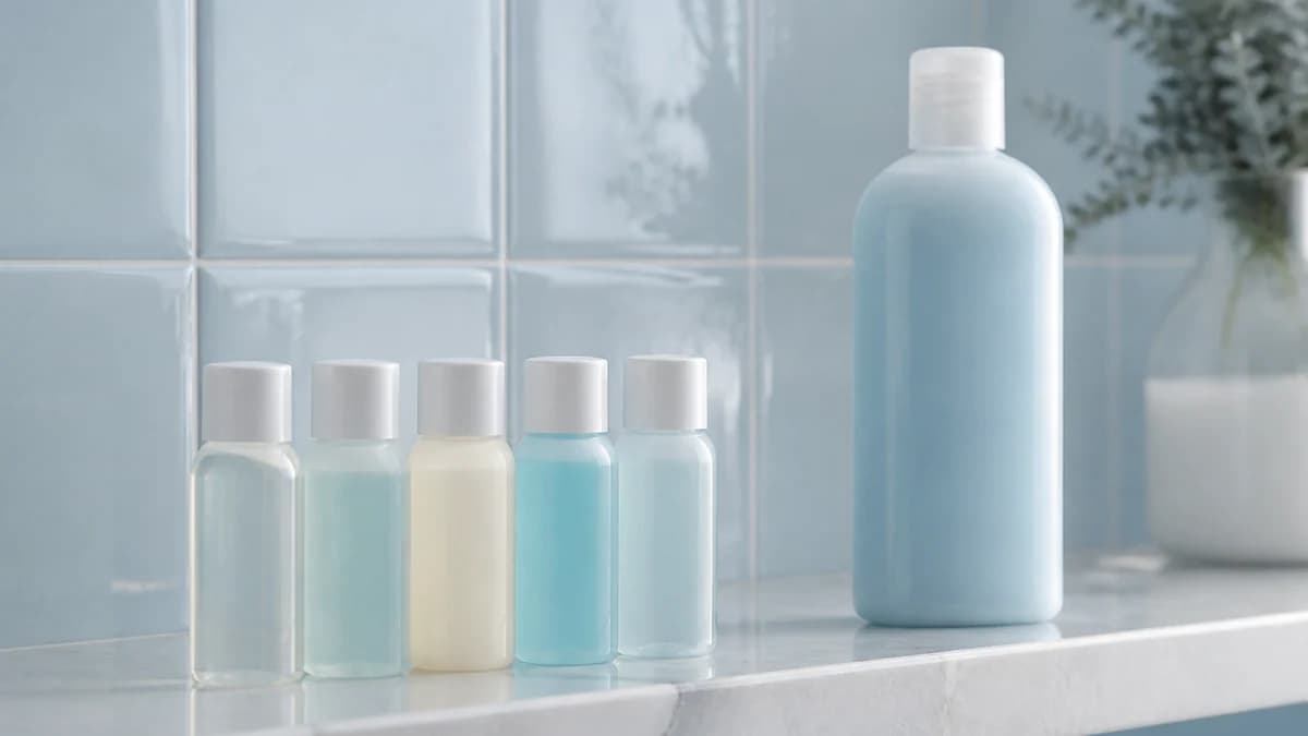 Kleine Reisegrößen von Probe-Fläschchen in einer Reihe neben einer Vollgröße-Flasche auf einem Spa-Regal.