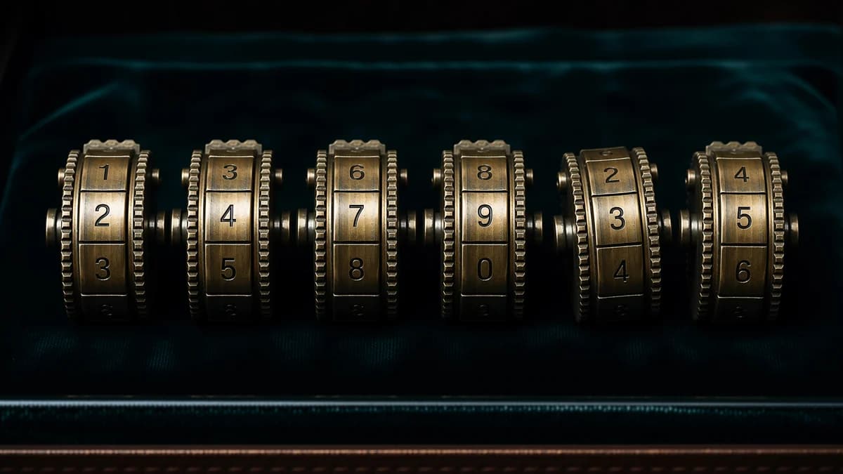 Sei ruote numeriche in ottone di una cassaforte da hotel allineate su velluto scuro.