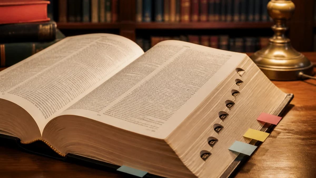 Ein offenes Wörterbuch mit Alphabet-Reitern und bunten Papier-Lesezeichen unter einer Messinglampe.
