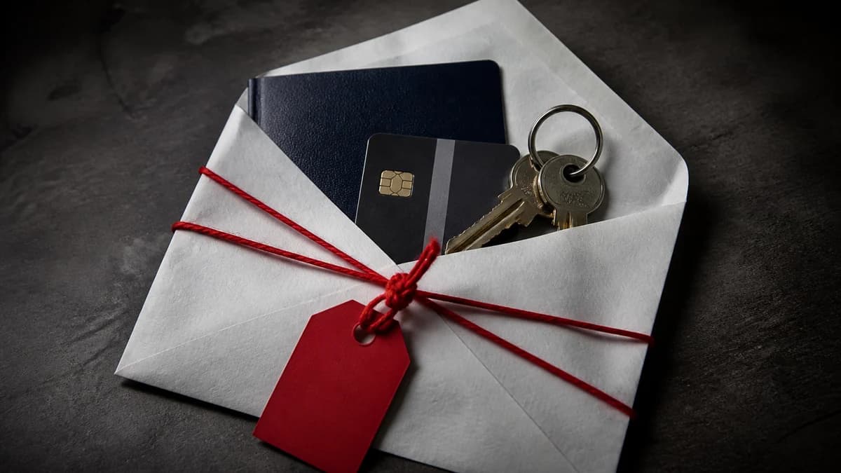 Un pasaporte, una tarjeta de pago y unas llaves dentro de un sobre abierto atado con cordel rojo de advertencia.