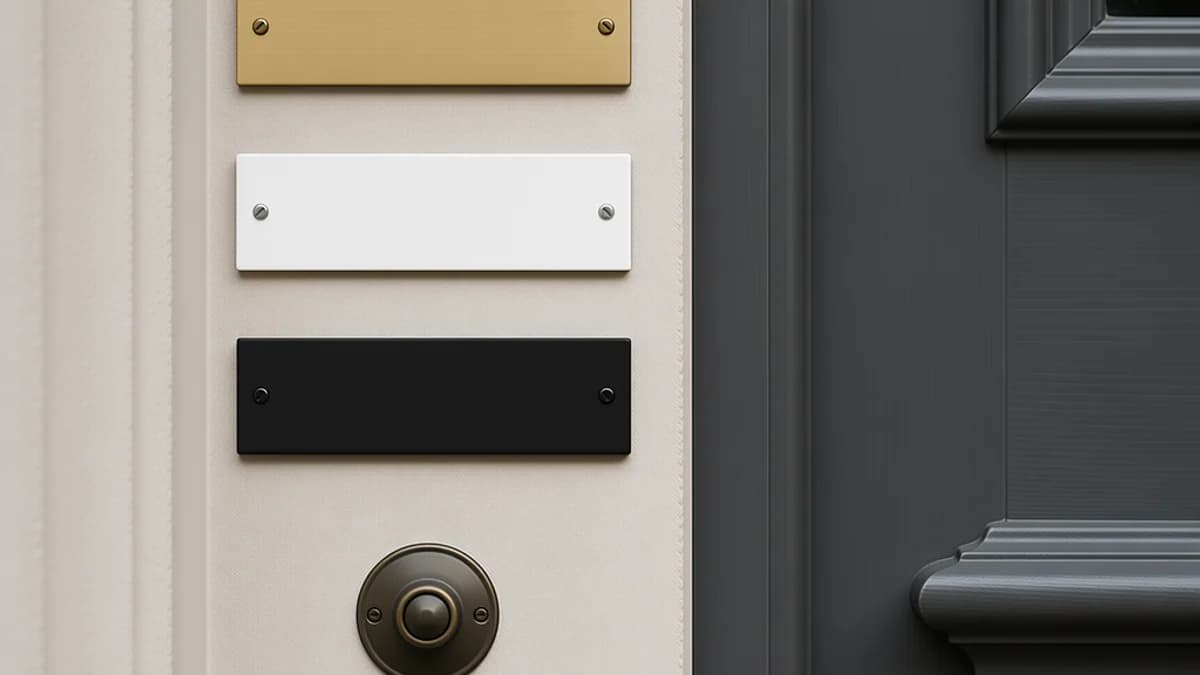 Una puerta con tres placas de nombre distintas sobre un solo timbre, detalle de arquitectura.