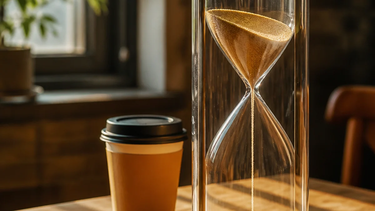 Time-boxed email metaphor: a golden-sand hourglass running out beside a takeaway coffee cup and a plain envelope in morning light.