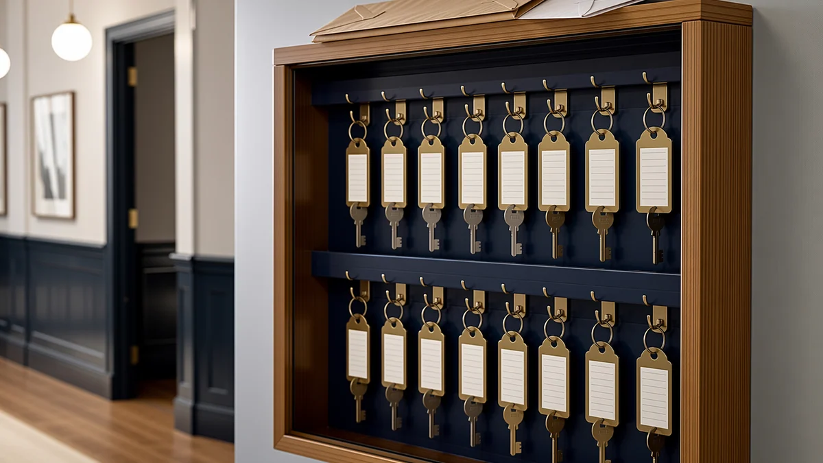 A mailroom key cabinet with labeled key fobs on brass hooks for a team's custom-domain mailboxes.