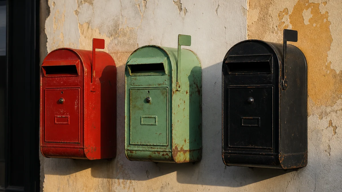 Three vintage street mailboxes in red, mint and black on a weathered wall in late-afternoon sun.