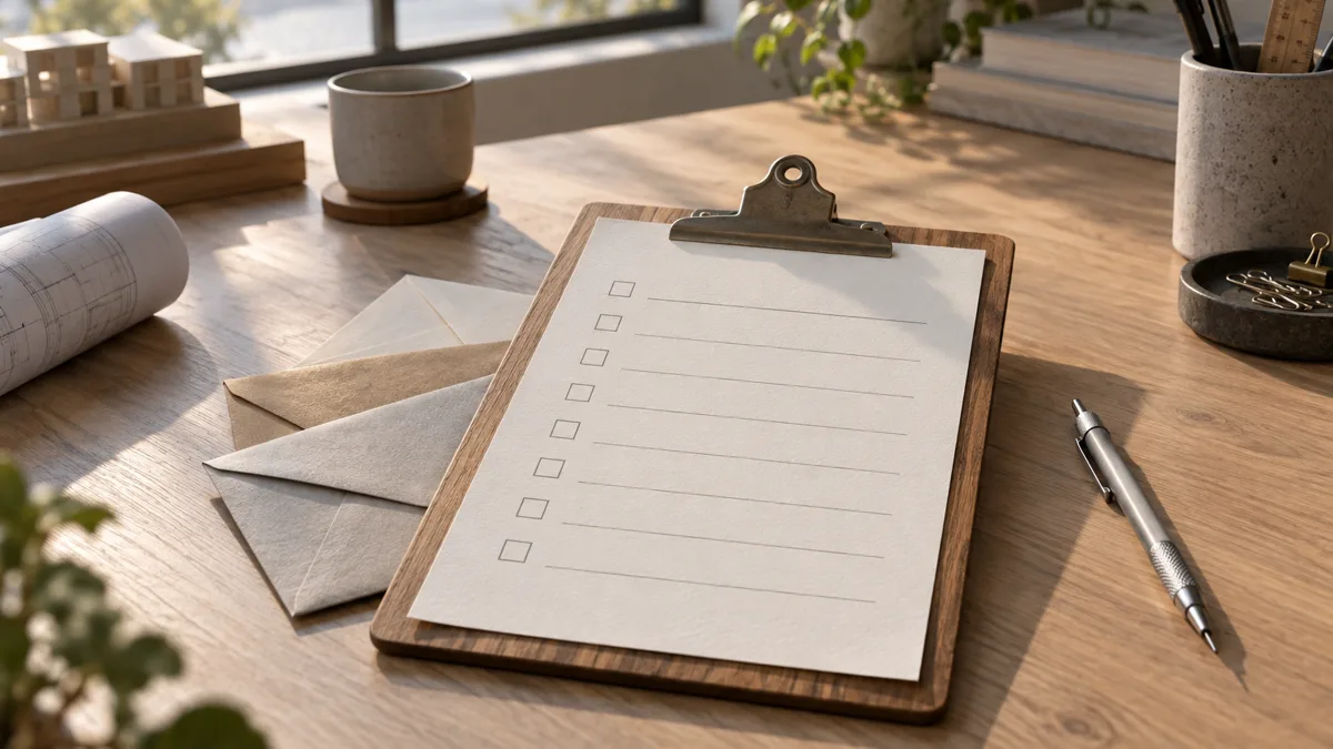 Photorealistic photo of a paper checklist on a wooden desk beside a laptop whose screen shows an email dashboard with rows of green checkmarks.