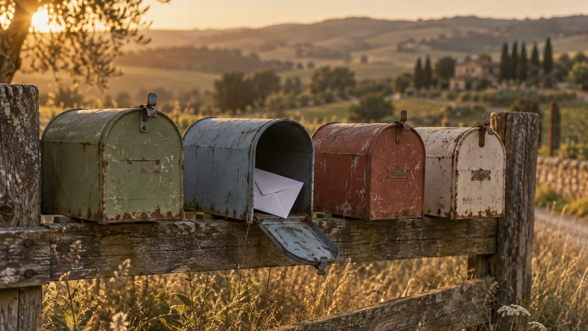 A photorealistic row of four different mailboxes mounted on a wooden fence at golden hour, one holding a glowing envelope.