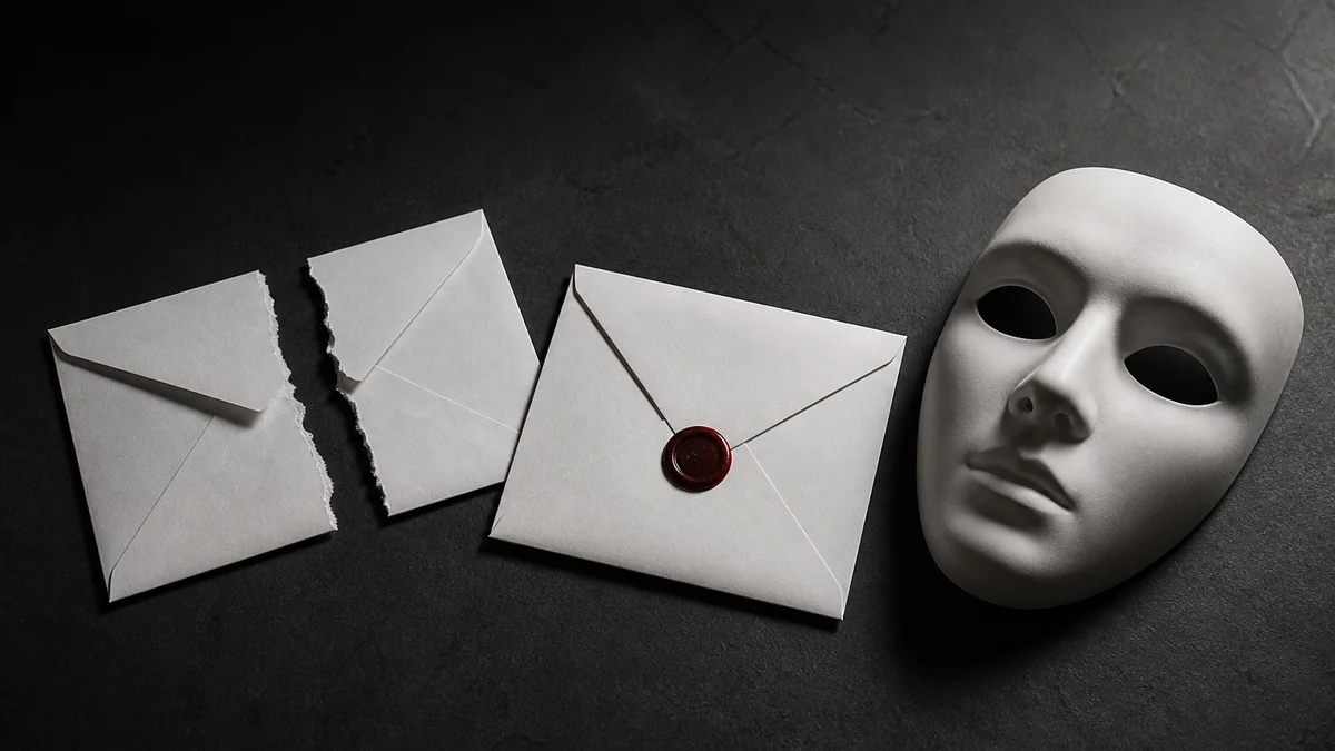 A torn envelope beside an intact sealed one and a plain theatrical mask in dramatic side light.