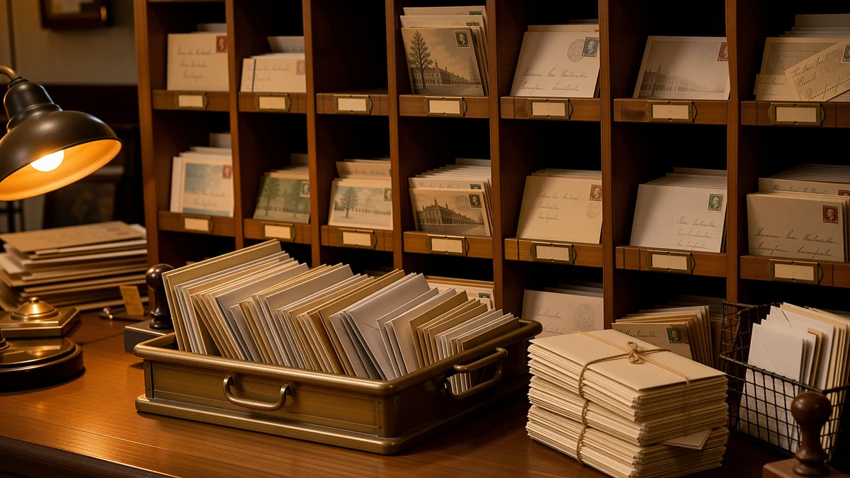 A vintage post office sorting desk with a wooden pigeonhole cabinet full of letters under warm lamp light.