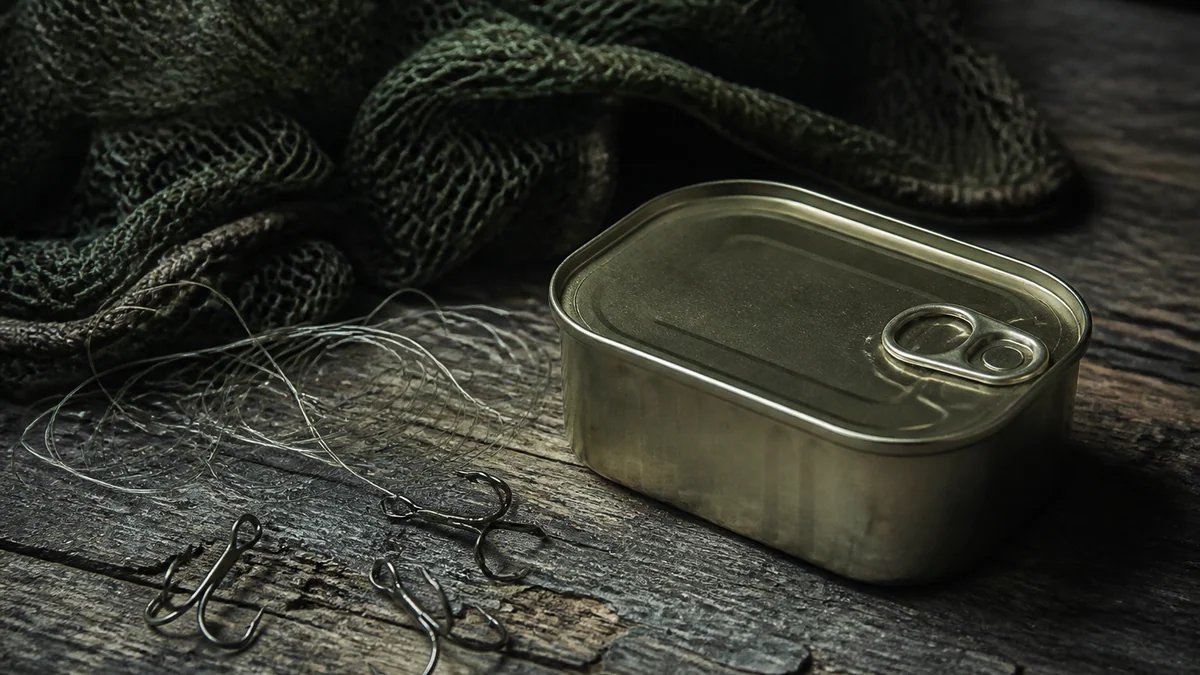 Fishing hooks and line beside a plain canned meat tin on weathered wood, the classic spam trap.