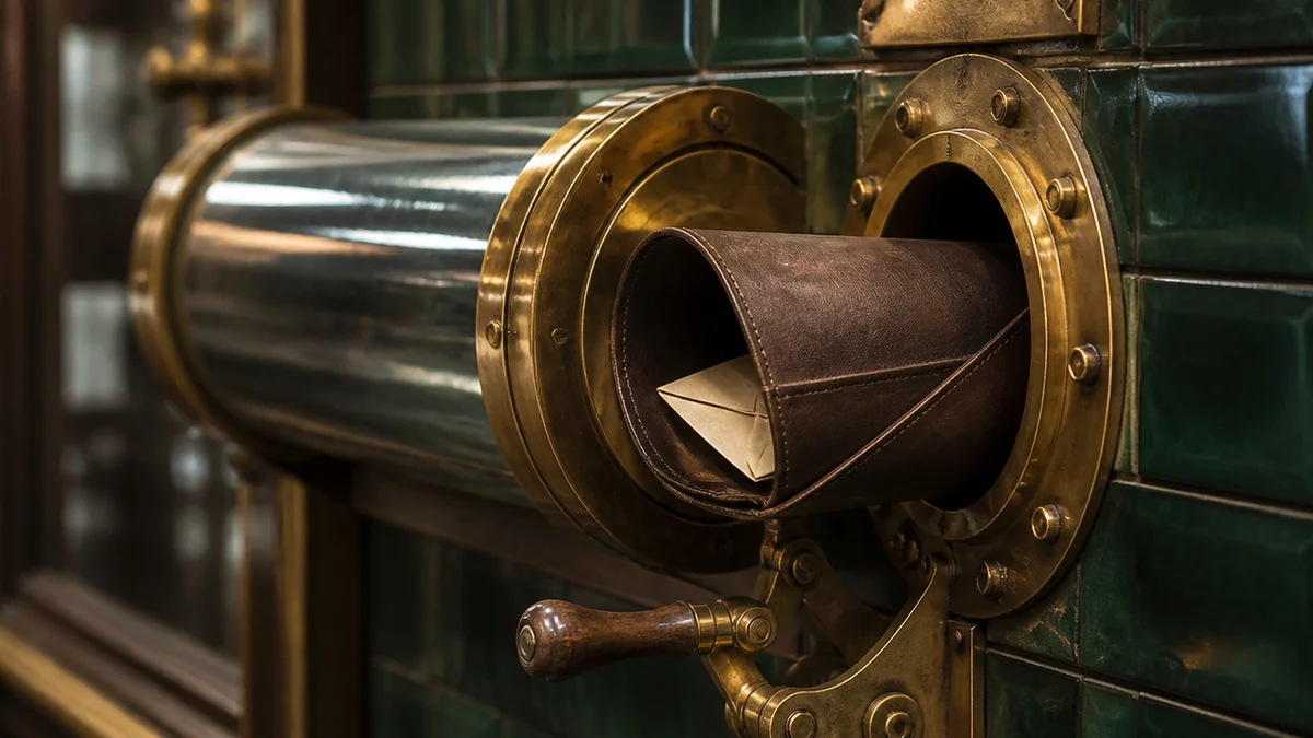 A brass pneumatic tube station with a leather capsule carrying a letter, retro automation for instant email webhooks.