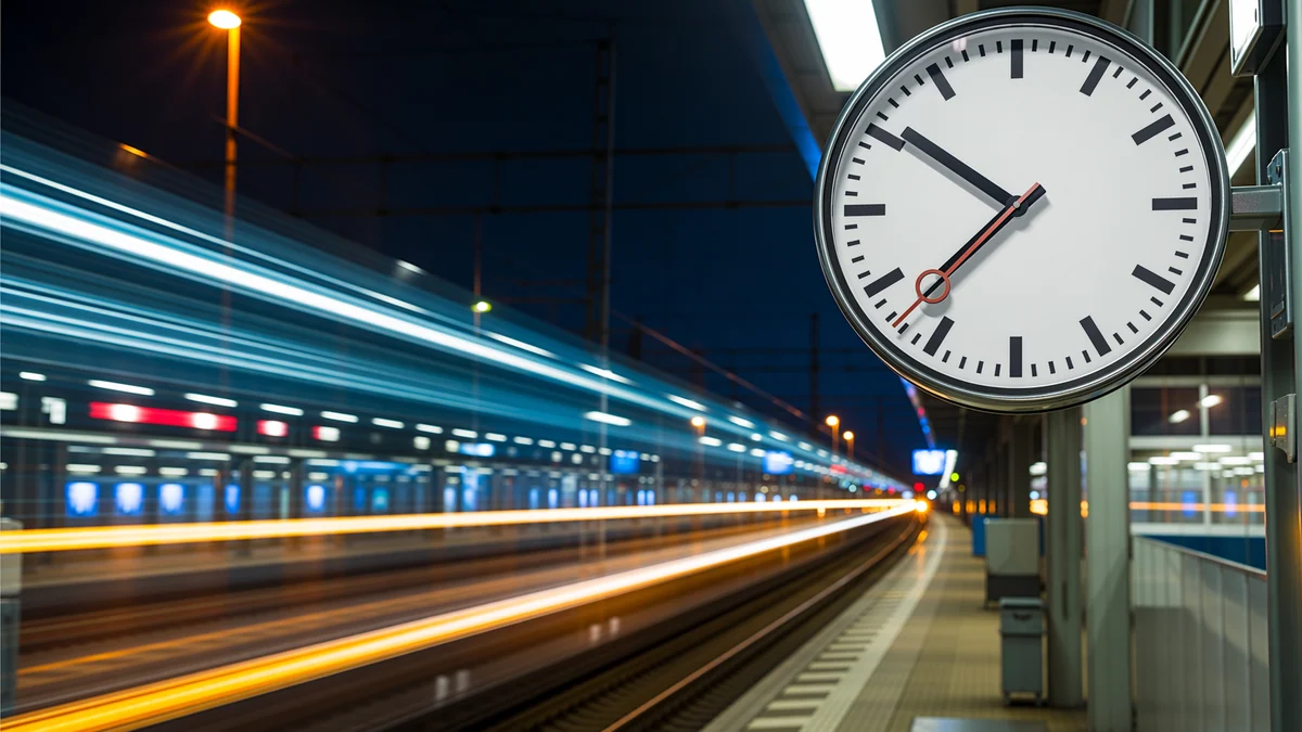 Quai de gare de nuit avec les traces lumineuses en pose longue d'un train et une horloge de gare nette.