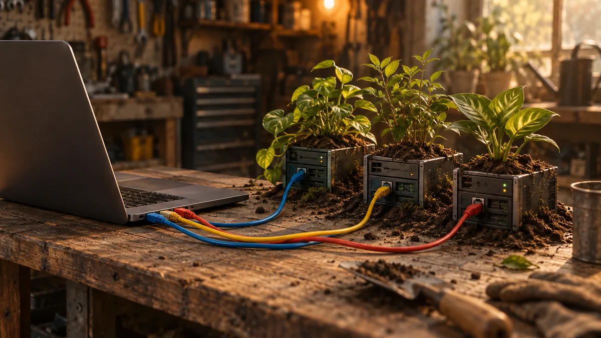 Fotorealistisches Foto eines Entwicklerschreibtischs bei Nacht mit zwei Monitoren, einer zeigt eine Terminal-Sitzung, der andere eine E-Mail-Posteingangs-Vorschau im Browser.