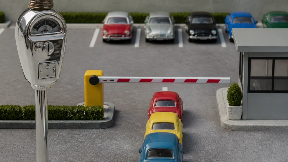 Une barrière de parking à rayures avec une file de voitures jouet et un parcmètre chromé avec des pièces.