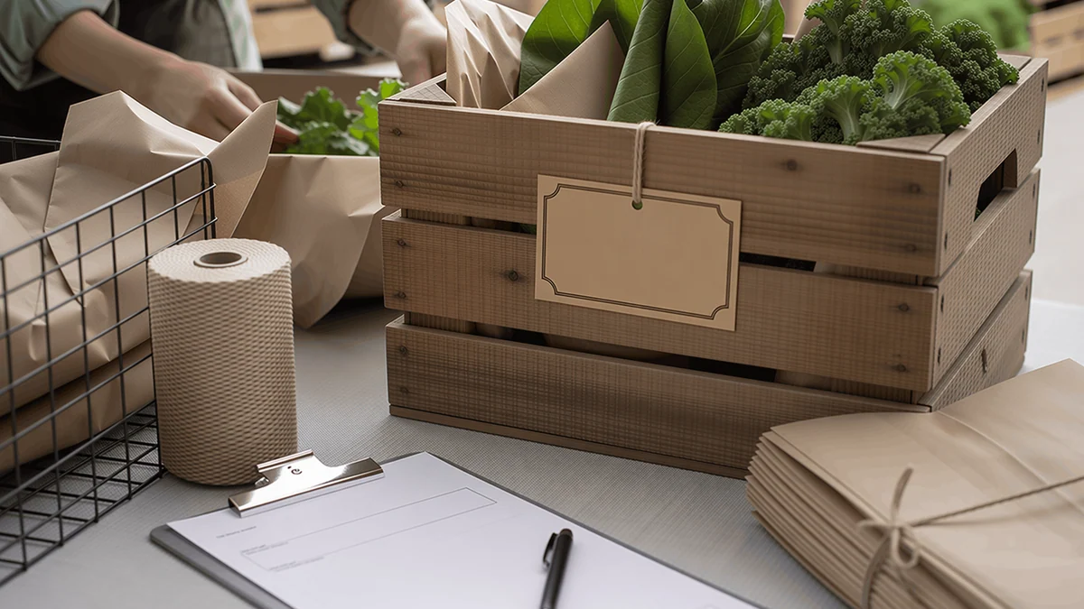Un étal de marché avec une caisse en bois estampillée, de la ficelle, un paquet kraft et une planchette de livraison.
