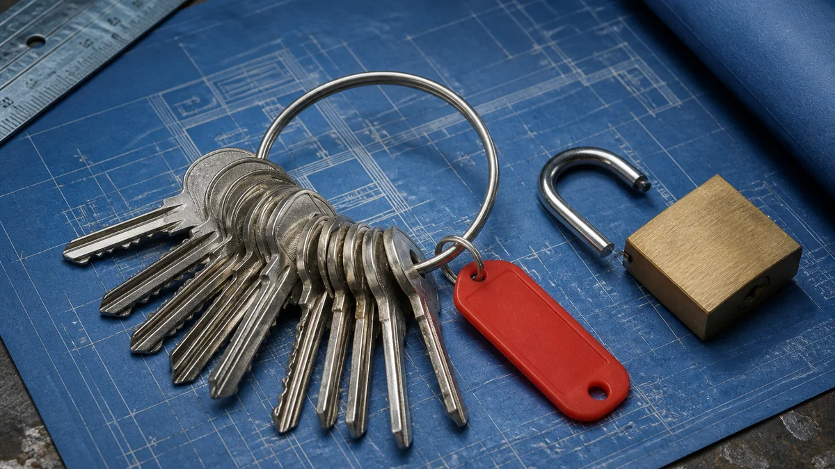 A big janitor key ring with many keys, an open brass padlock and one red key tag on blueprint paper.
