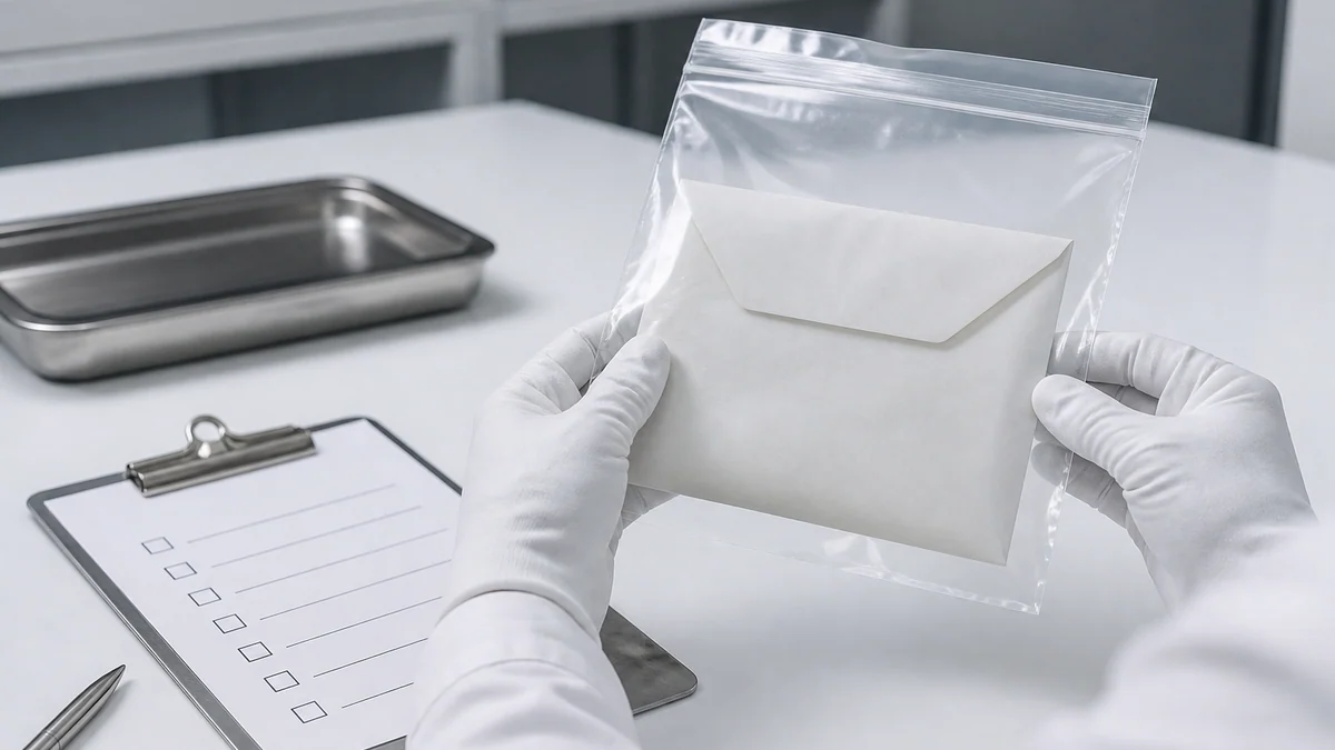 White gloves and a sealed evidence bag holding an envelope beside a clipboard checklist in lab light.