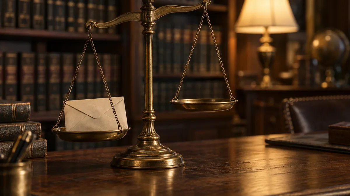A brass balance scale on a lawyer's desk with a smartphone showing an anonymous email inbox beside it.